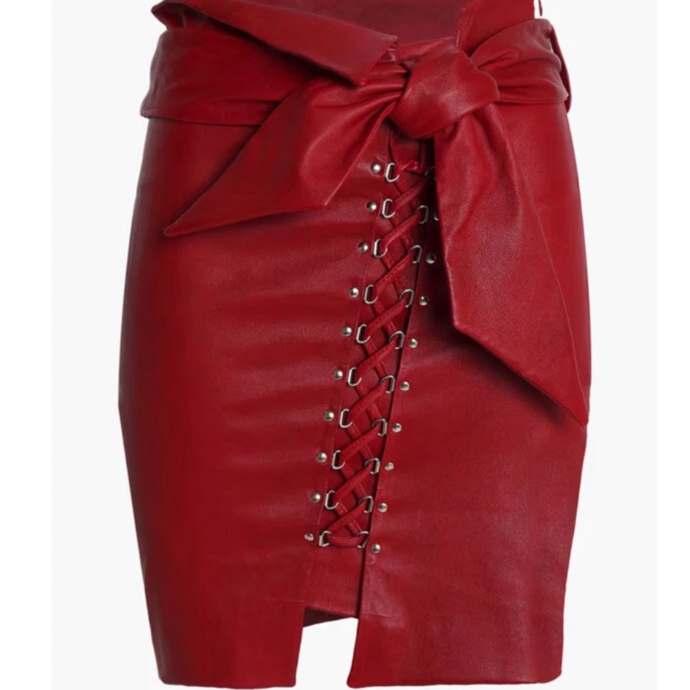 IRO Red Stretchy Soft Leather Lace-Up Pencil Skirt with Sash 6 New!